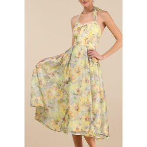 Lulus Galia Yellow Multi Floral Halter Midi Dress - Size XL
